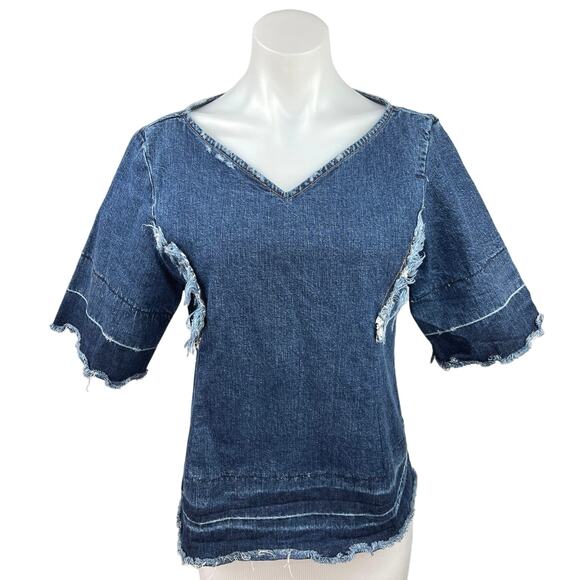 Rachel Comey Blue Chambray V-neck Distressed Short Sleeve Denim Blouse Top Sz 2 - Picture 1 of 5